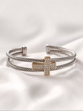 Silver-Tone Double Cable Cuff Bracelet with With Gold-tone Crystal Cross